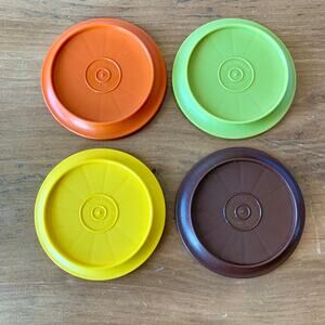 Tupperware Vintage Coffee Cup Mug Lids Coasters Lot of 4 #1313 Harvest Colors